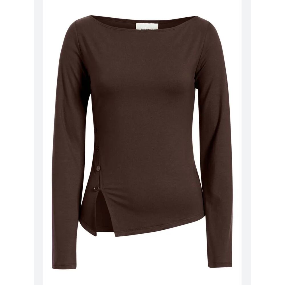 Reformation Brown Long Sleeve Asymmetrical Button Top